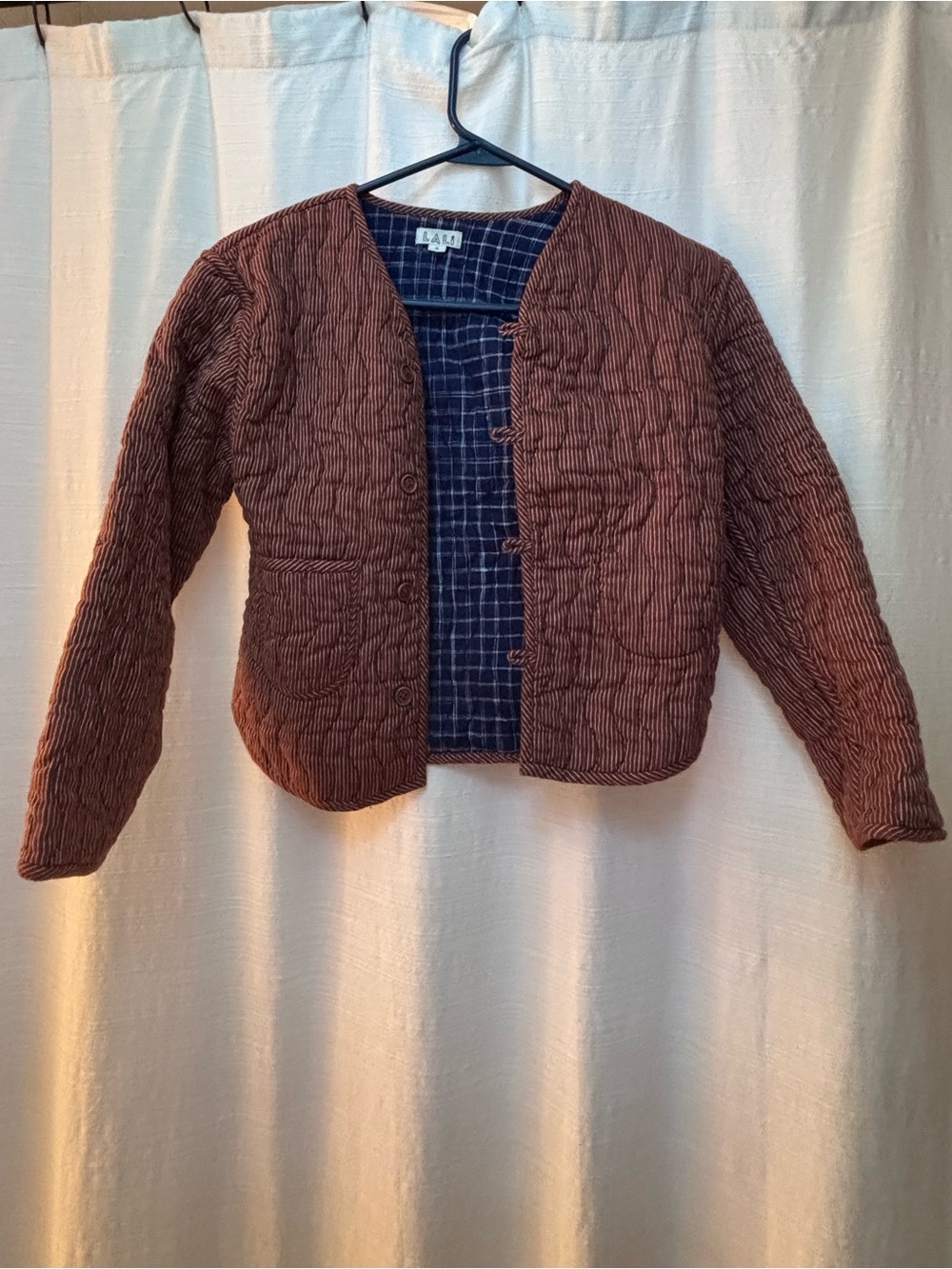 Kids Quilted Brown Puffer Jacket with Navy Plaid Lining